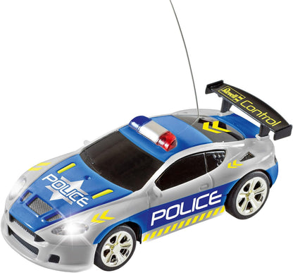 Revell Control 23559 Mini Remote Control Car Police, With 27 MHz Control, In a Can Container, Includes Traffic Cones, 8cm in length