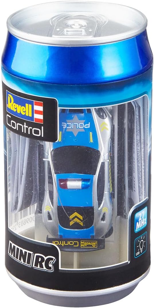Revell Control 23559 Mini Remote Control Car Police, With 27 MHz Control, In a Can Container, Includes Traffic Cones, 8cm in length