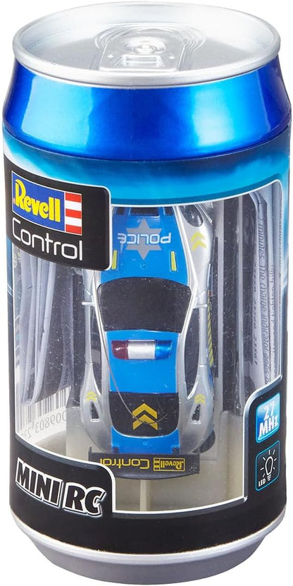 Revell Control 23559 Mini Remote Control Car Police, With 27 MHz Control, In a Can Container, Includes Traffic Cones, 8cm in length