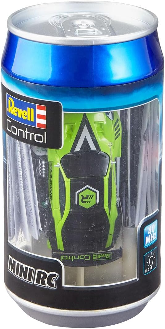 Revell Control 23560 Mini Remote Control Car Racing Car Green, With 40 MHz Control, In a Can Container, Includes Traffic Cones, 8cm in length