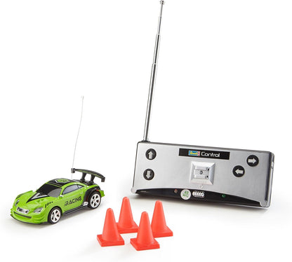 Revell Control 23560 Mini Remote Control Car Racing Car Green, With 40 MHz Control, In a Can Container, Includes Traffic Cones, 8cm in length