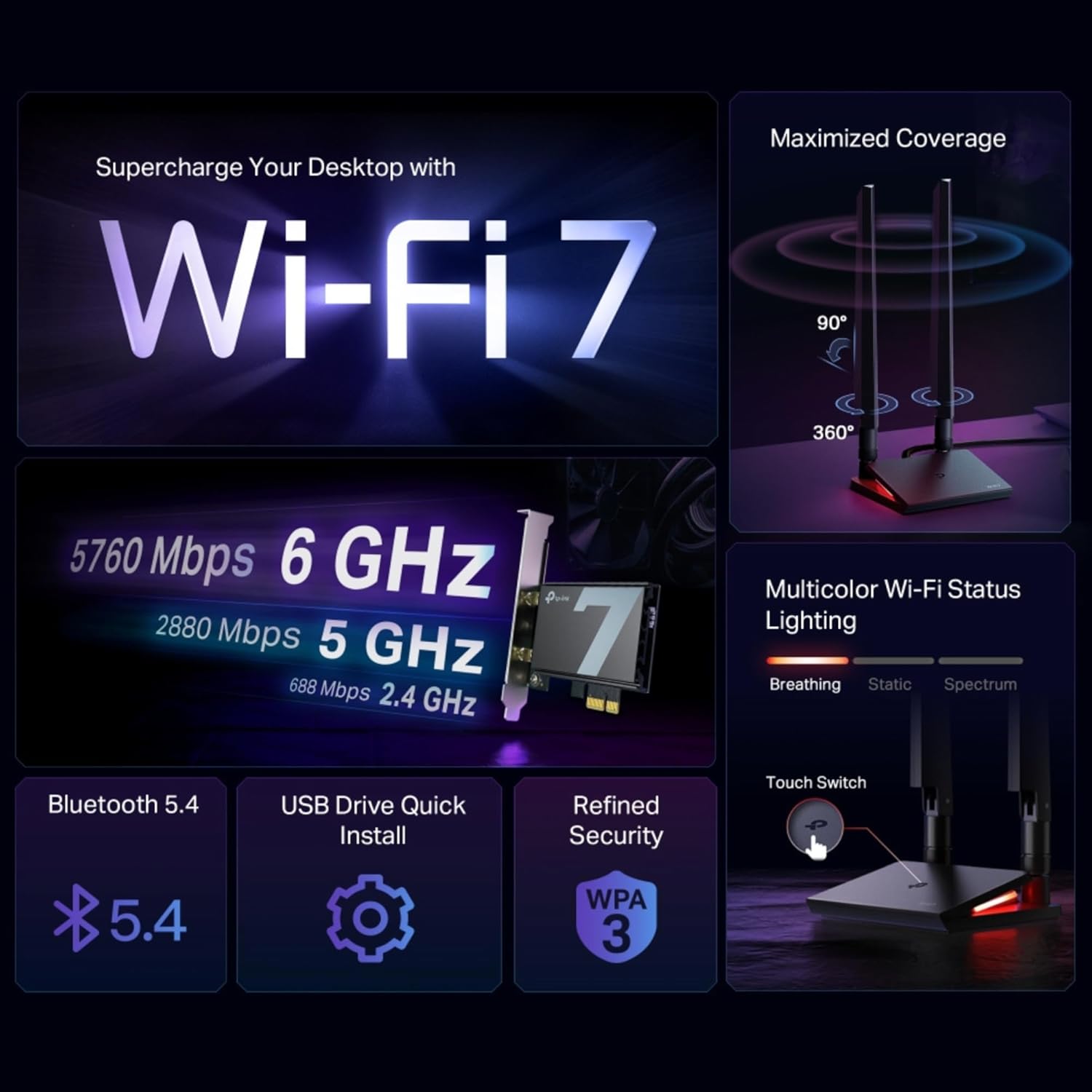 TP-Link Archer TBE550E WiFi 7 Card BE9300 Mbps Wireless Bluetooth 5.4 PCIe Network Card, Wider Signal Coverage, 6GHz/5GHz/2.4GHz PCI Express Bluetooth WiFi 7 Card for Desktop/PC Windows 11(64Bit)