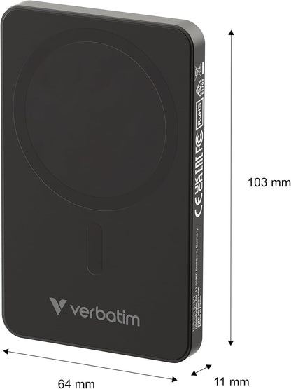 Verbatim Charge 'n' Go Essentials Power Bank MagSafe 5000mAh 15W Magnetic PD 20W Fast Charge with LED Indicator for iPhone 16/15/14/13/12 Pro/Pro Max, Includes USB-C to USB-C Cable, Black
