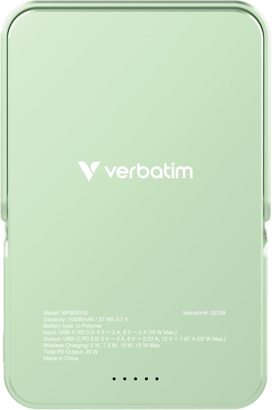 Verbatim Charge 'n' Go MagSafe Powerbank 10 000 mAh Vert 15 W Magnétique PD 20 W Charge Rapide Indicateur LED Support Pliable Surface en Verre pour iPhone 16/15/14/13/12 Pro/Pro Max - Câble USB-C