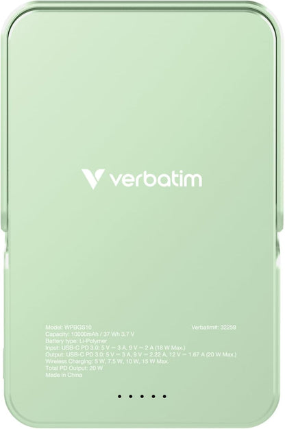 Verbatim Charge 'n' Go MagSafe Powerbank 10 000 mAh Vert 15 W Magnétique PD 20 W Charge Rapide Indicateur LED Support Pliable Surface en Verre pour iPhone 16/15/14/13/12 Pro/Pro Max - Câble USB-C