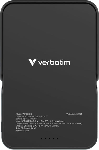 Verbatim Charge 'n' Go MagSafe Power Bank 10,000mAh Black 15W Magnetic - PD 22W Fast Charge LED Indicator & Foldable Stand for iPhone 16/15/14/13/12 Pro/Pro Max - Includes USB-C Cable
