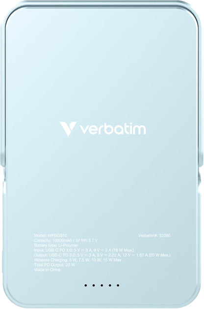Verbatim Charge 'n' Go MagSafe Power Bank 10,000mAh Blue 15W Magnetic - PD 22W Fast Charge LED Indicator & Foldable Stand for iPhone 16/15/14/13/12 Pro/Pro Max - Includes USB-C Cable