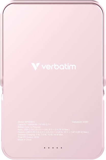 Verbatim Charge 'n' Go MagSafe Power Bank 10,000mAh Pink 15W Magnetic - PD 22W Fast Charge LED Indicator & Foldable Stand for iPhone 16/15/14/13/12 Pro/Pro Max - Includes USB-C Cable
