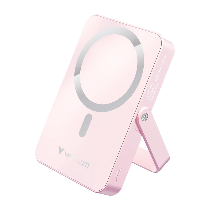 Verbatim Charge 'n' Go MagSafe Power Bank 10,000mAh Pink 15W Magnetic - PD 22W Fast Charge LED Indicator & Foldable Stand for iPhone 16/15/14/13/12 Pro/Pro Max - Includes USB-C Cable