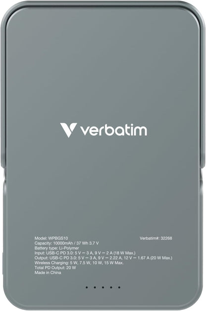 Verbatim Charge 'n' Go MagSafe Power Bank 10,000mAh Grey 15W Magnetic - PD 22W Fast Charge LED Indicator & Foldable Stand for iPhone 16/15/14/13/12 Pro/Pro Max - Includes USB-C Cable