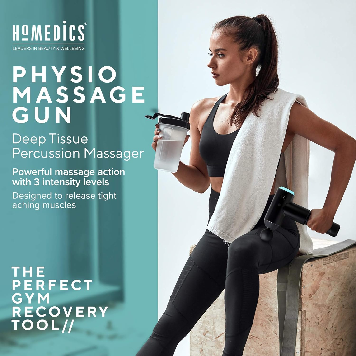 HoMedics , Pistola Massaggio Muscolare, Massaggiatore Portatile per Fisioterapia, Pistola Massaggiante Professionale a Percussione per Tessuti Profondi, 3 Testine, Ricaricabile