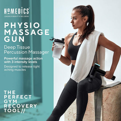 HoMedics , Pistola Massaggio Muscolare, Massaggiatore Portatile per Fisioterapia, Pistola Massaggiante Professionale a Percussione per Tessuti Profondi, 3 Testine, Ricaricabile