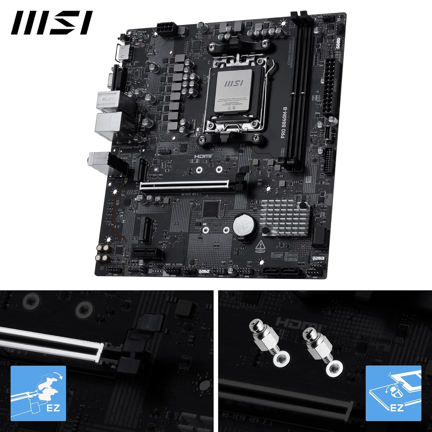 MSI PRO B840M-B Motherboard, mATX - Supports AMD Ryzen 9000/8000 / 7000 Processors, AM5 - DDR5 Memory Boost (8000+ MT/s OC), PCIe 4.0 x16, M.2 Gen4, 2.5G LAN