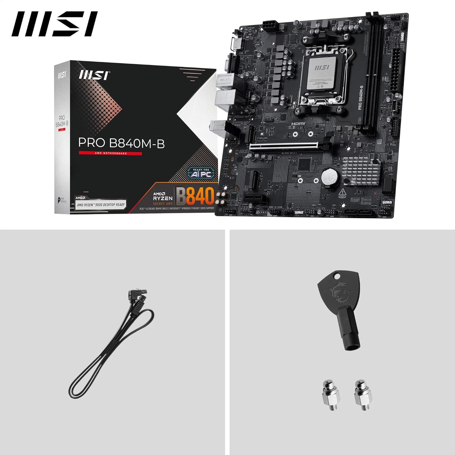 MSI PRO B840M-B Motherboard, mATX - Supports AMD Ryzen 9000/8000 / 7000 Processors, AM5 - DDR5 Memory Boost (8000+ MT/s OC), PCIe 4.0 x16, M.2 Gen4, 2.5G LAN