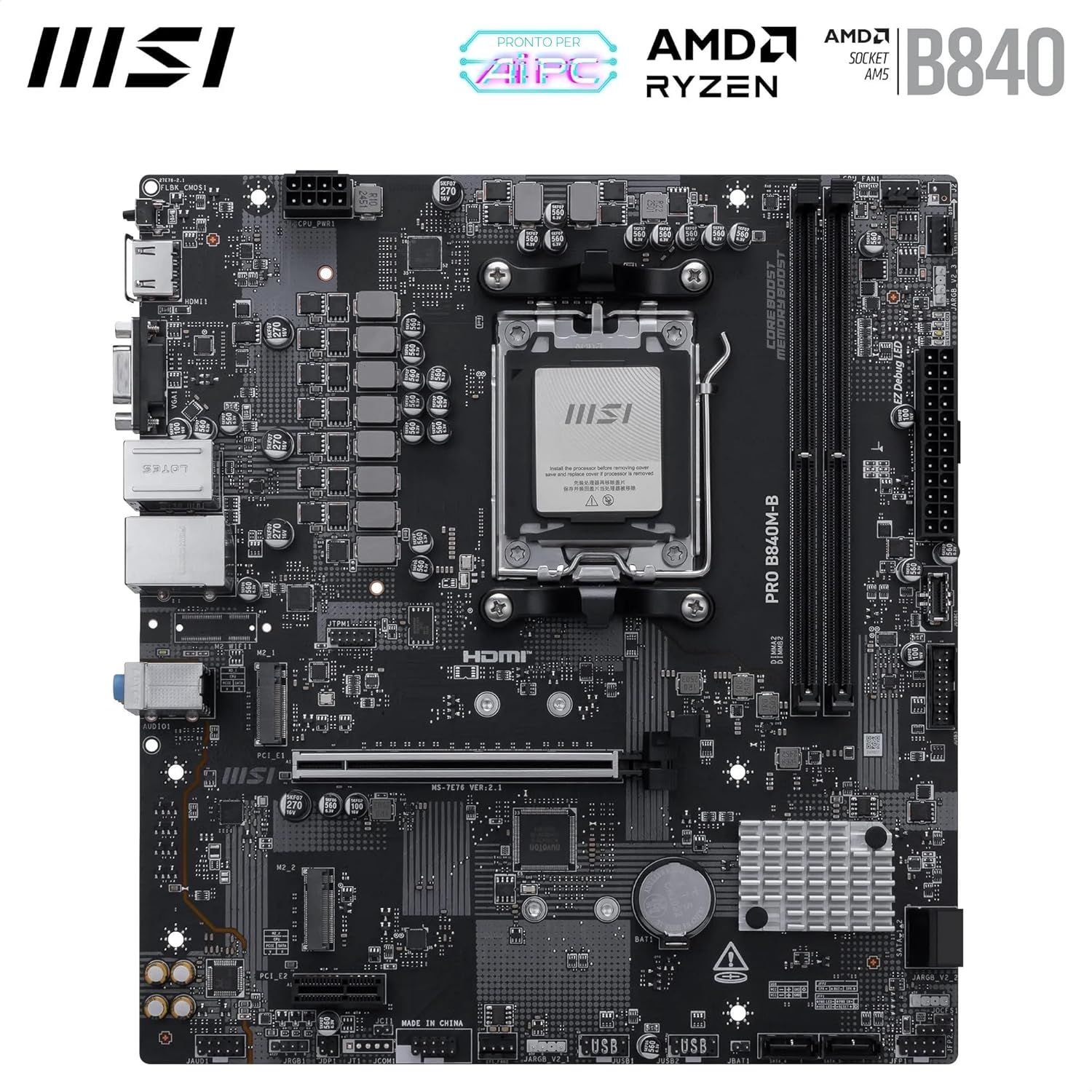 MSI PRO B840M-B Motherboard, mATX - Supports AMD Ryzen 9000/8000 / 7000 Processors, AM5 - DDR5 Memory Boost (8000+ MT/s OC), PCIe 4.0 x16, M.2 Gen4, 2.5G LAN