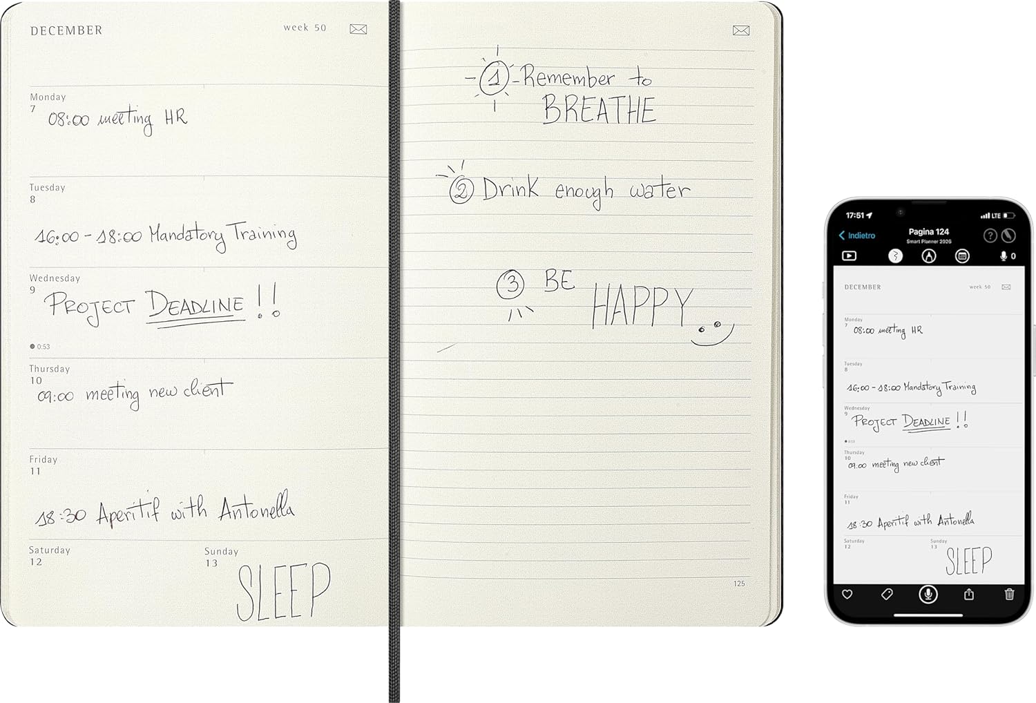 Moleskine Smart Planner 2026, 12-Month Weekly Digital Agenda, Elastic Closure, Black Color, Large Size 13x21 cm