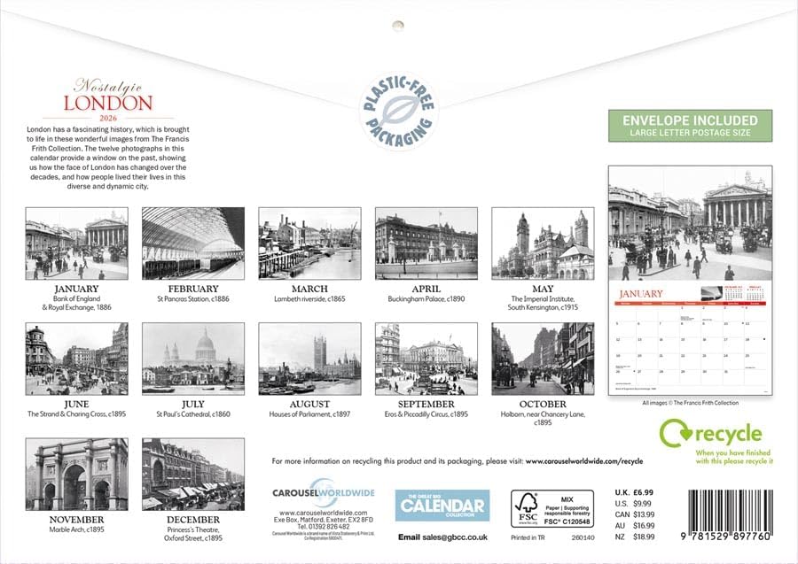 Carousel Worldwide, Nostalgic London 2026 A4 Wall Calendar