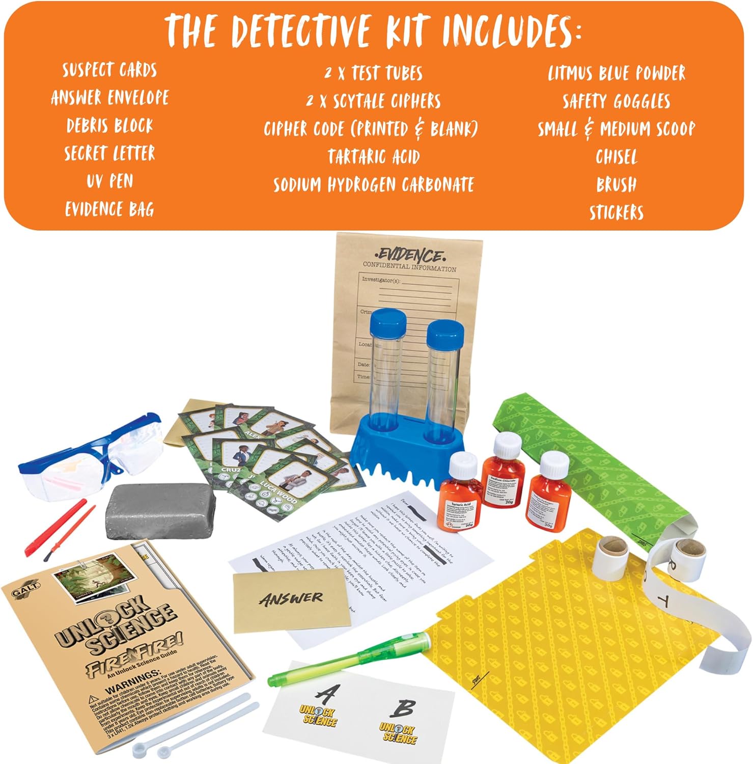 Galt Unlock Science - Fire Fire! Kit para niños a Partir de 8 años, Juego de experimentos científicos Stem y Divertido Juego de resolución de crímenes, Juego de Misterio para niños, aprende Ciencia