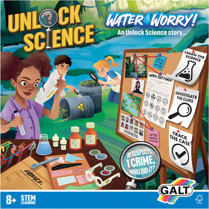 Galt Unlock Science - Water Worry! Kit para niños a partir de 8 años, juego de experimentos científicos STEM y divertido juego de resolución de crímenes, juego de misterio para niños, aprende ciencia