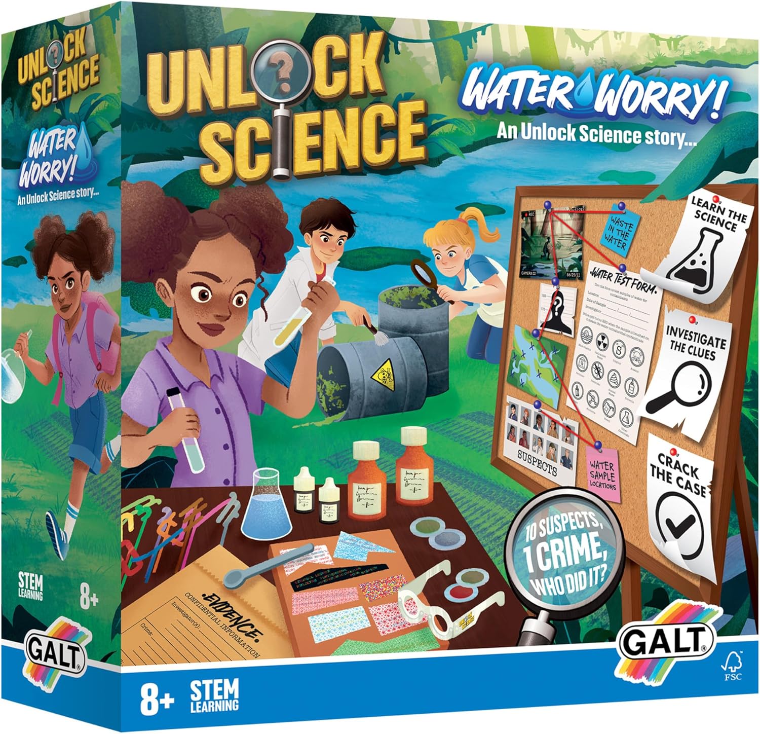 Galt Unlock Science - Water Worry! Kit para niños a partir de 8 años, juego de experimentos científicos STEM y divertido juego de resolución de crímenes, juego de misterio para niños, aprende ciencia