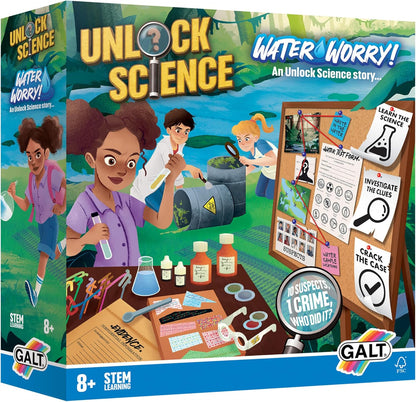 Galt Unlock Science - Water Worry! Kit para niños a partir de 8 años, juego de experimentos científicos STEM y divertido juego de resolución de crímenes, juego de misterio para niños, aprende ciencia