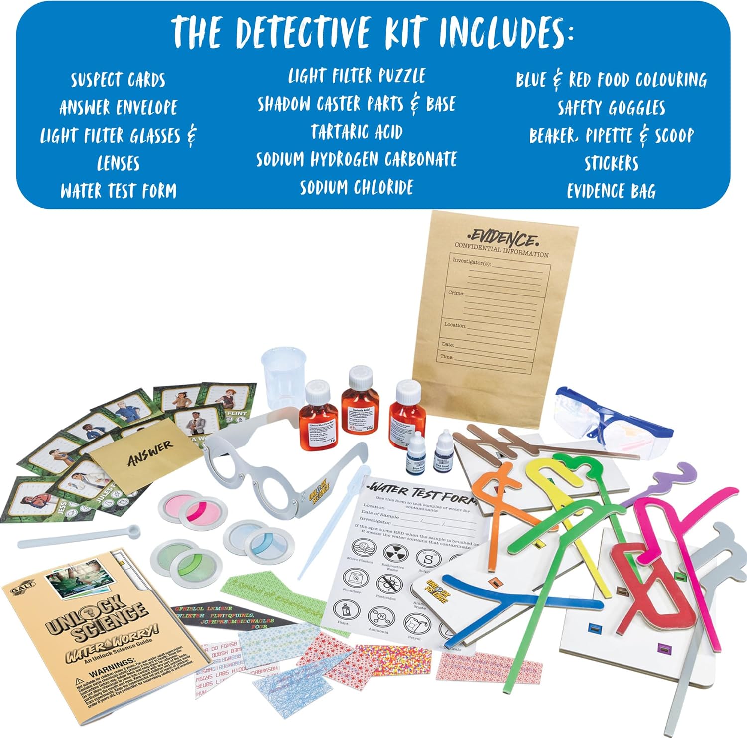 Galt Unlock Science - Water Worry! Kit para niños a partir de 8 años, juego de experimentos científicos STEM y divertido juego de resolución de crímenes, juego de misterio para niños, aprende ciencia