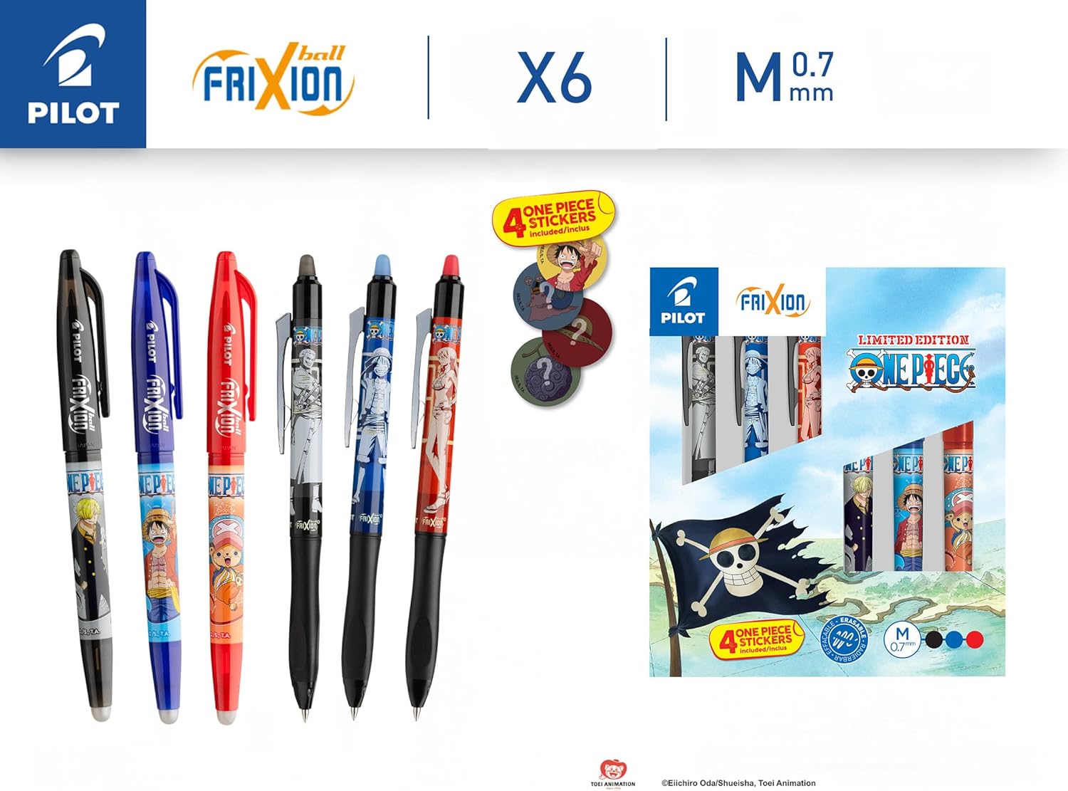 PILOT x ONE PIECE - Collector's Set of 3 Frixion Ball + 3 Frixion Ball Plus + 4 Stickers - Erasable Pens - Limited Edition One Piece - Refillable Inline Skates - Black, Blue, Red - Medium Tip