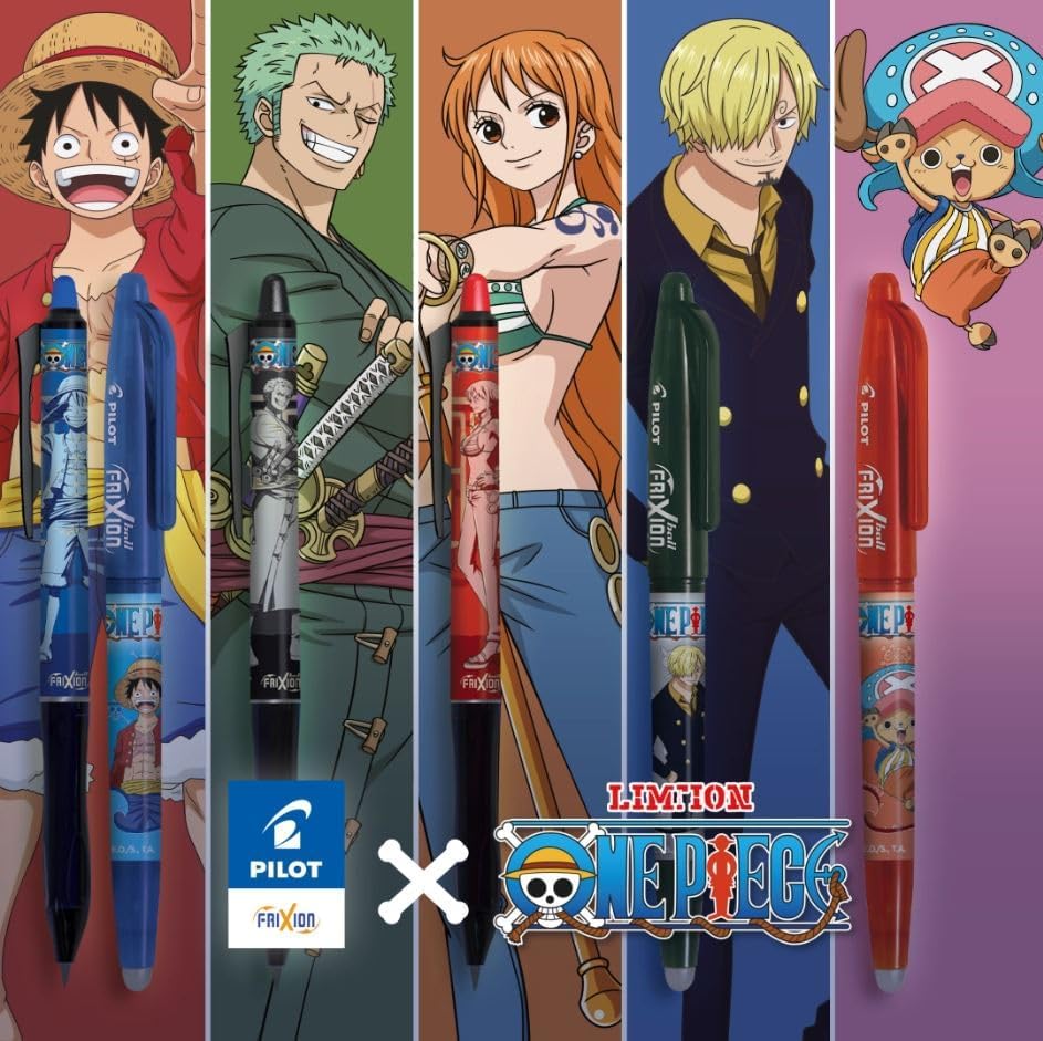 PILOT x ONE PIECE - Collector's Set of 3 Frixion Ball + 3 Frixion Ball Plus + 4 Stickers - Erasable Pens - Limited Edition One Piece - Refillable Inline Skates - Black, Blue, Red - Medium Tip