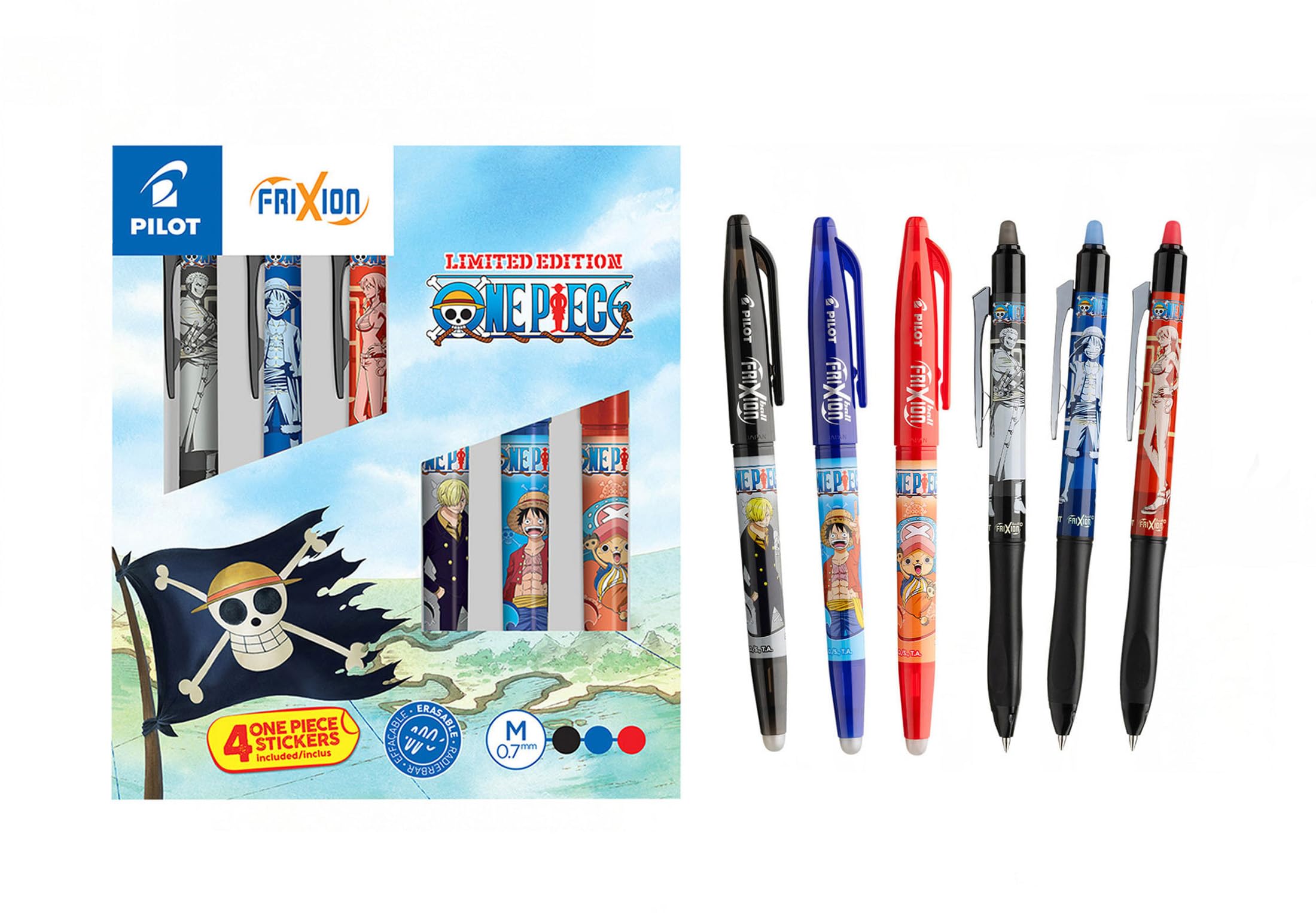 PILOT x ONE PIECE - Collector's Set of 3 Frixion Ball + 3 Frixion Ball Plus + 4 Stickers - Erasable Pens - Limited Edition One Piece - Refillable Inline Skates - Black, Blue, Red - Medium Tip