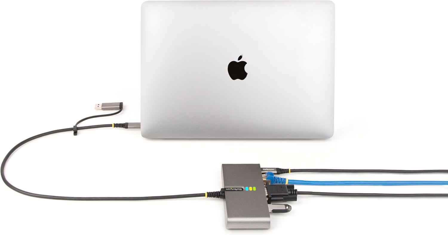 StarTech.com 2-Port USB-C Hub with Gb Ethernet and RS232 FTDI Serial, Attached USB-C to USB-A Dongle, 100W PD Pass-Through, 2x USB-A 5Gbps
