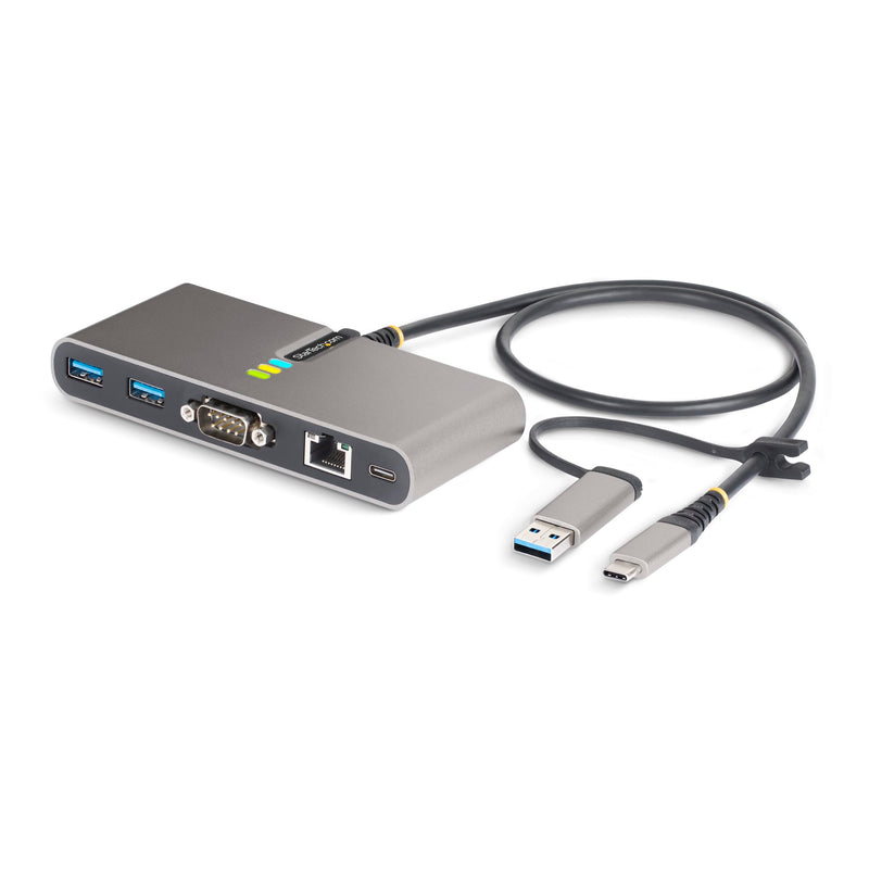 StarTech.com 2-Port USB-C Hub with Gb Ethernet and RS232 FTDI Serial, Attached USB-C to USB-A Dongle, 100W PD Pass-Through, 2x USB-A 5Gbps