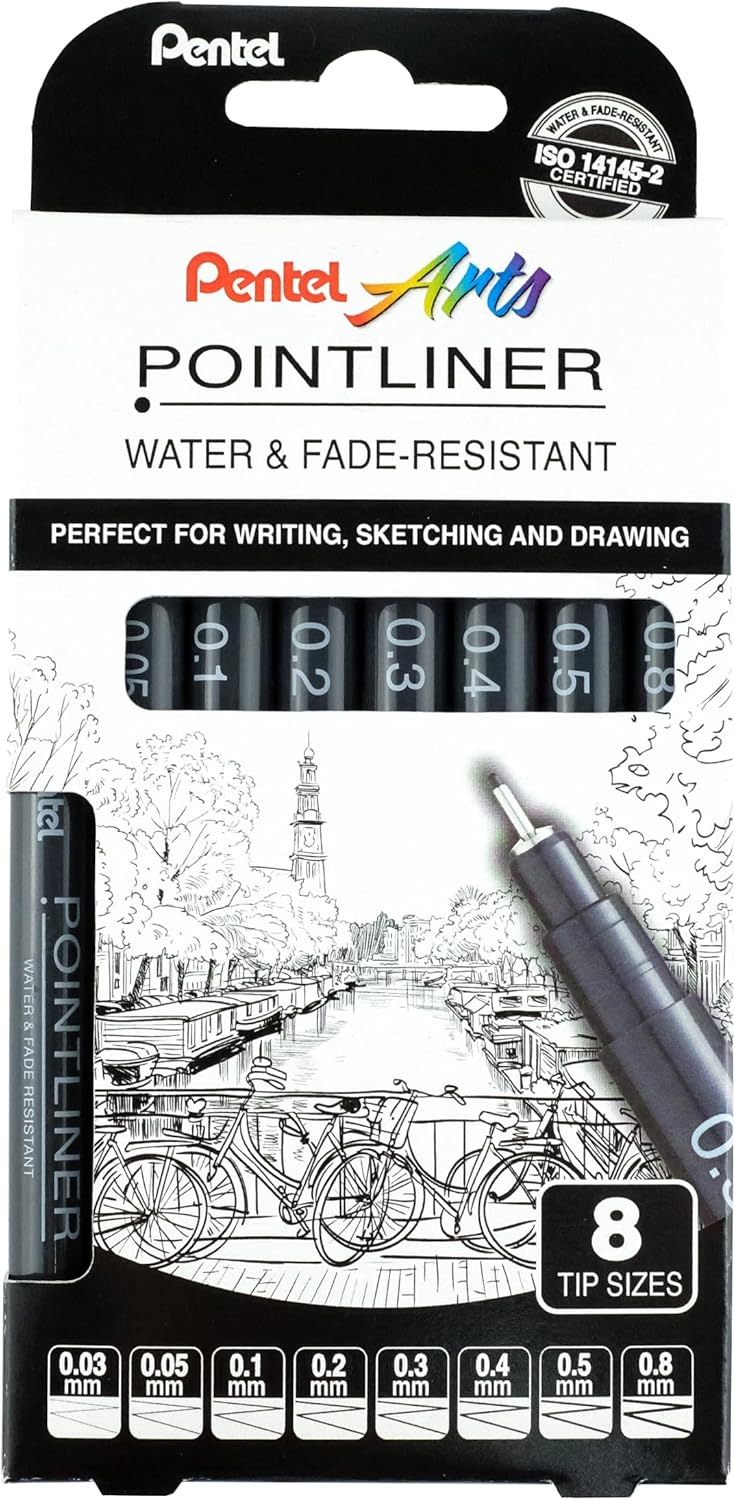Pentel S20P Pointliner Pigment Liner Technical Drawing Fineliner Pen S20P - 0.03mm, 0.05, 0.1, 0.2, 0.3, 0.4, 0.5 & 0.8mm - Black Ink (Pack of 8