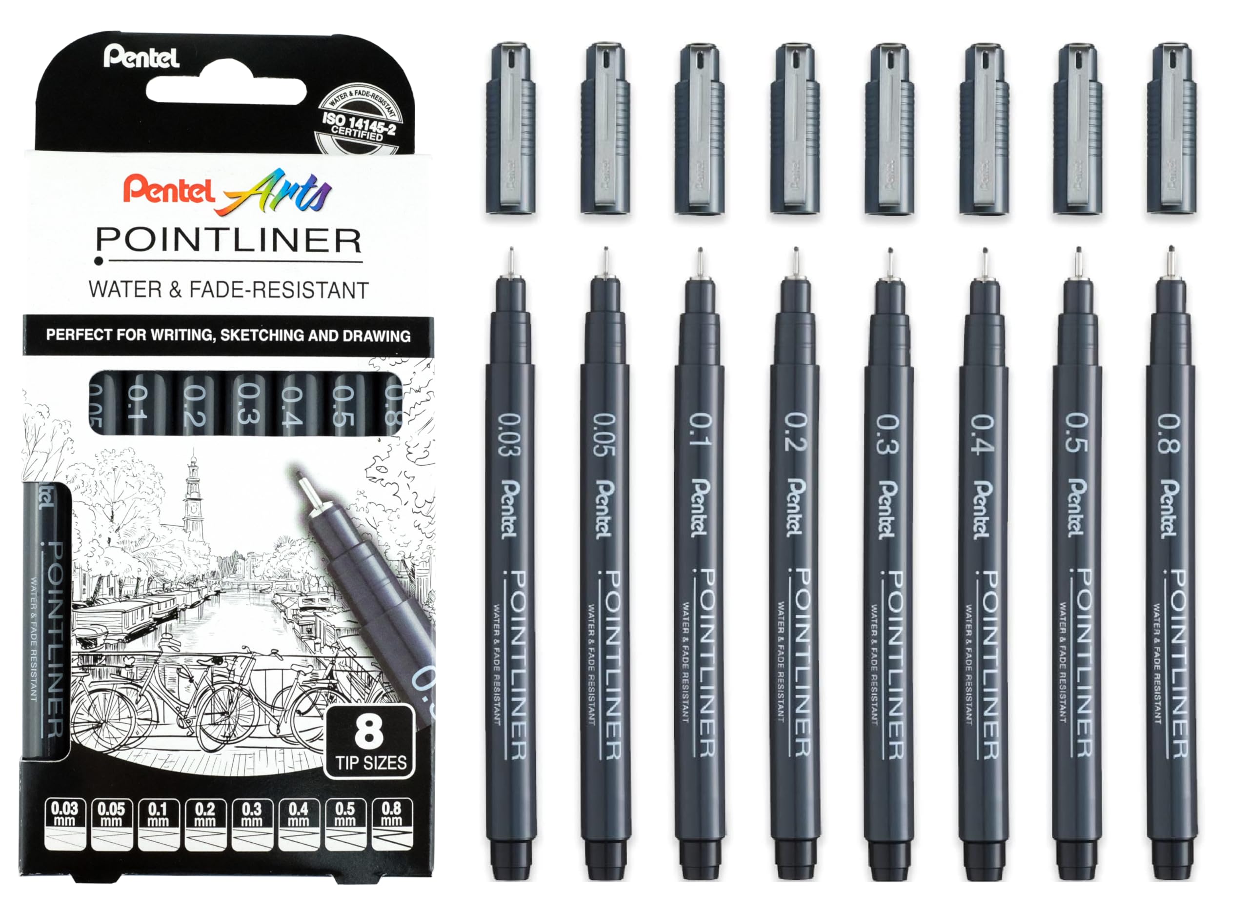 Pentel S20P Pointliner Pigment Liner Technical Drawing Fineliner Pen S20P - 0.03mm, 0.05, 0.1, 0.2, 0.3, 0.4, 0.5 & 0.8mm - Black Ink (Pack of 8