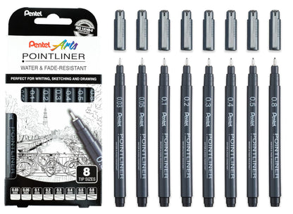 Pentel S20P Pointliner Pigment Liner Technical Drawing Fineliner Pen S20P - 0.03mm, 0.05, 0.1, 0.2, 0.3, 0.4, 0.5 & 0.8mm - Black Ink (Pack of 8