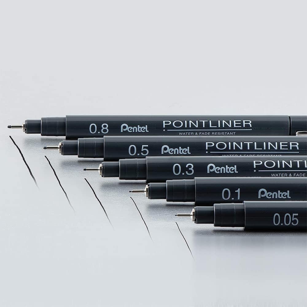 Pentel S20P Pointliner Pigment Liner Technical Drawing Fineliner Pen S20P - 0.03mm, 0.05, 0.1, 0.2, 0.3, 0.4, 0.5 & 0.8mm - Black Ink (Pack of 8
