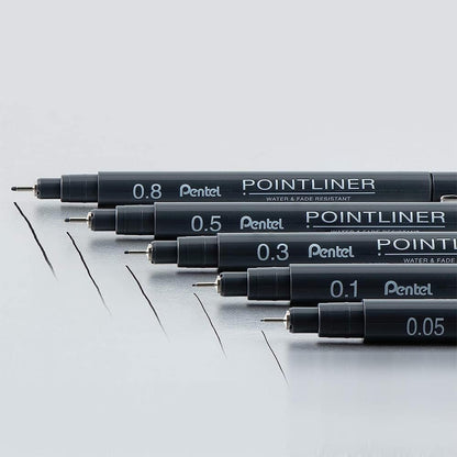 Pentel S20P Pointliner Pigment Liner Technical Drawing Fineliner Pen S20P - 0.03mm, 0.05, 0.1, 0.2, 0.3, 0.4, 0.5 & 0.8mm - Black Ink (Pack of 8