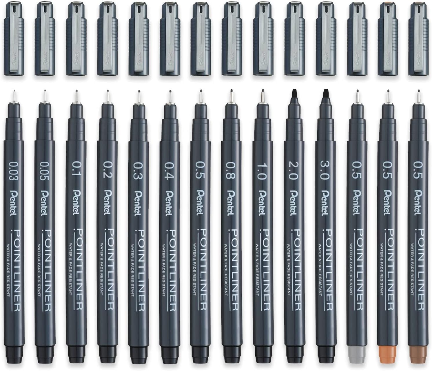 Pentel Pointliner Pigment Liner Technical Drawing Fineliner Pen S20P - 0.03mm to 3.0mm - Black, Sepia, Sanguine & Grey Ink - Pack of 14