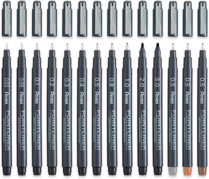 Pentel Pointliner Pigment Liner Technical Drawing Fineliner Pen S20P - 0.03mm to 3.0mm - Black, Sepia, Sanguine & Grey Ink - Pack of 14