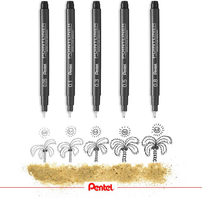 Pentel Pointliner Pigment Liner Technical Drawing Fineliner Pen S20P - 0.03mm to 3.0mm - Black, Sepia, Sanguine & Grey Ink - Pack of 14