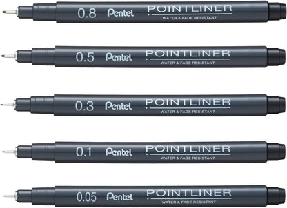 Pentel Arts Pointliner, Black pigment ink, Pack of 5