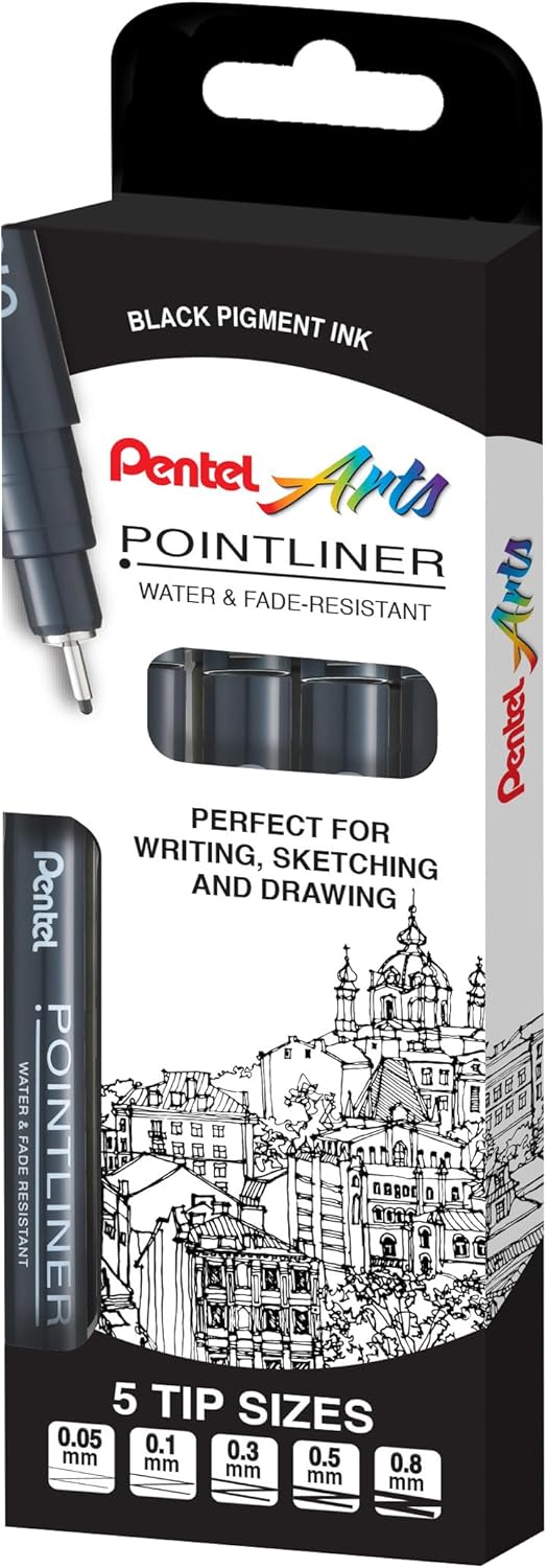 Pentel Arts Pointliner, Black pigment ink, Pack of 5