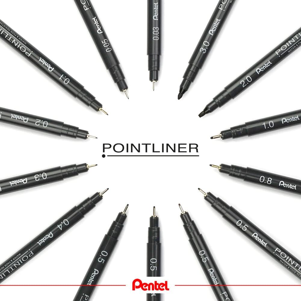 Pentel Arts Pointliner, Black pigment ink, Pack of 5