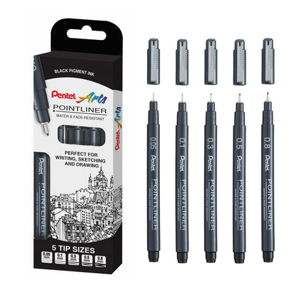 Pentel Arts Pointliner, Black pigment ink, Pack of 5