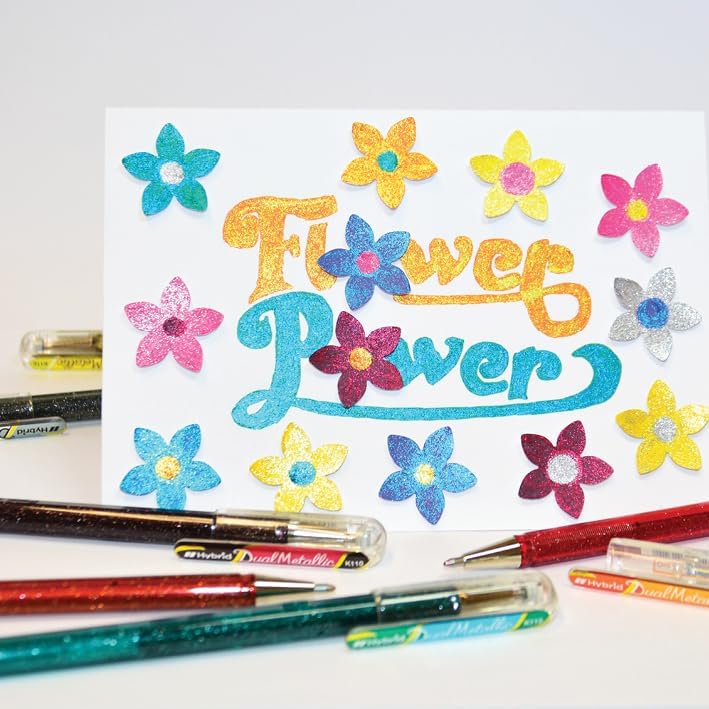 Pentel K110 Hybrid DualMetallic Gel Roller Pens, Fantasy Colours with 2 Glitters (Pack of 8