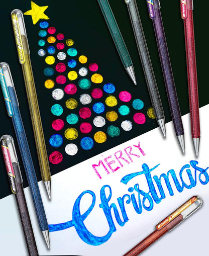 Pentel K110 Hybrid DualMetallic Gel Roller Pens, Fantasy Colours with 2 Glitters (Pack of 8