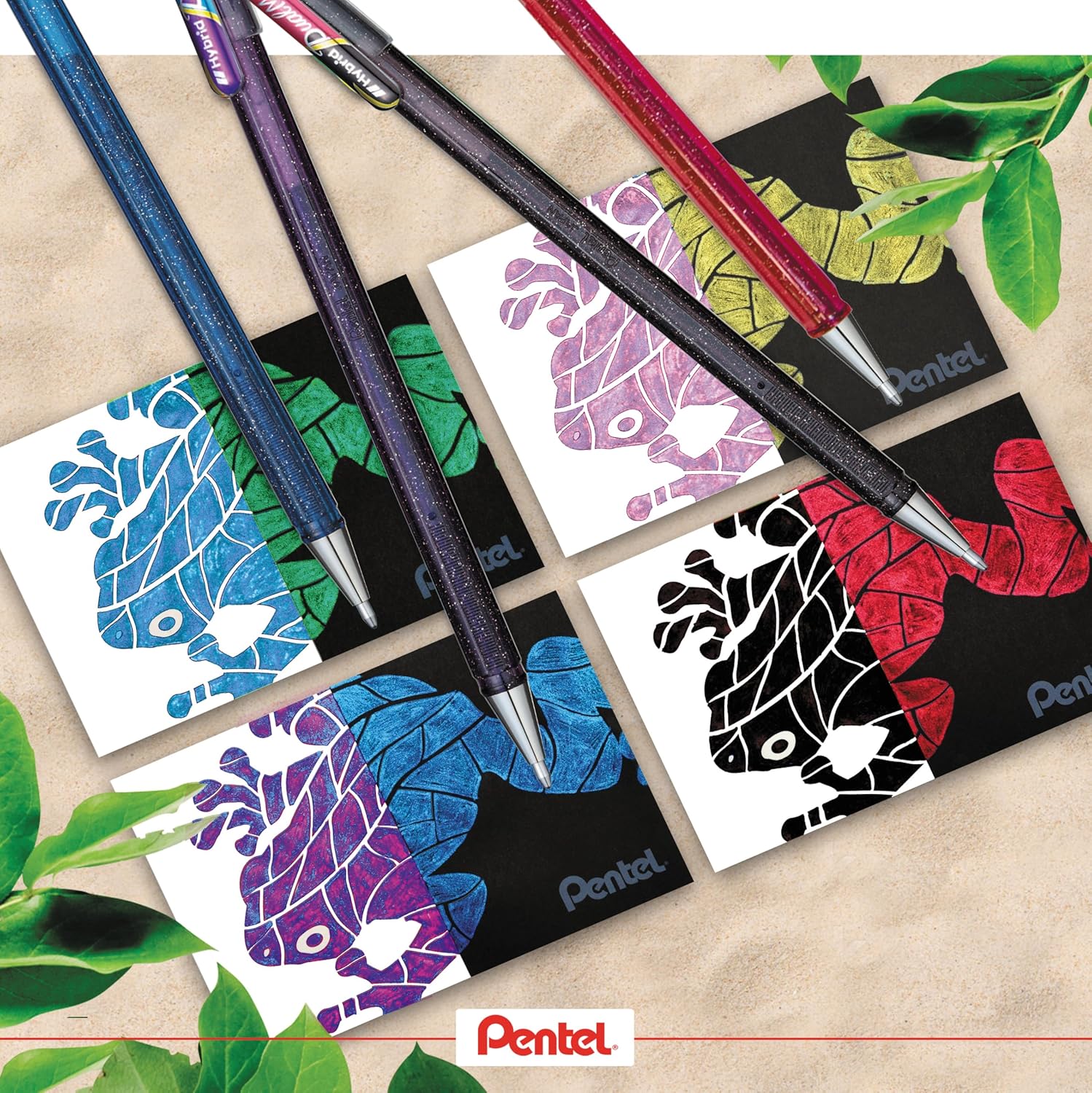 Pentel K110 Hybrid DualMetallic Gel Roller Pens, Fantasy Colours with 2 Glitters (Pack of 8