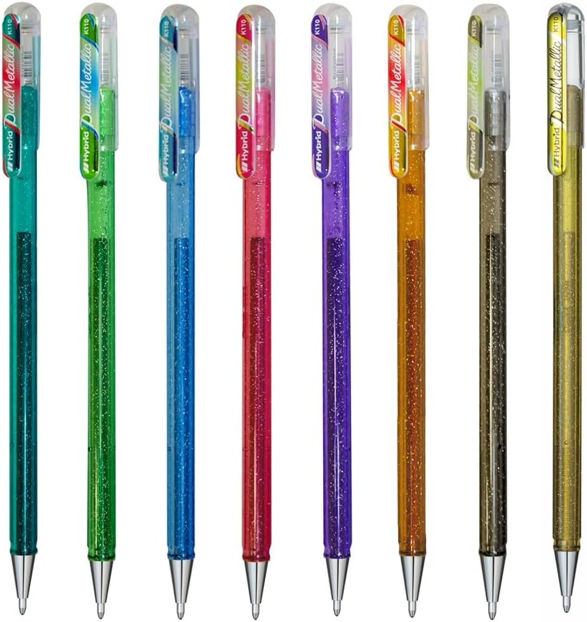 Pentel K110 Hybrid DualMetallic Gel Roller Pens, Fantasy Colours with 2 Glitters (Pack of 8