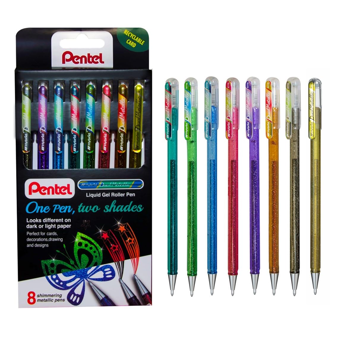 Pentel K110 Hybrid DualMetallic Gel Roller Pens, Fantasy Colours with 2 Glitters (Pack of 8