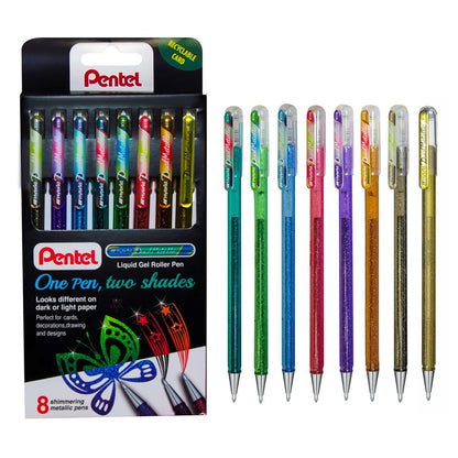 Pentel K110 Hybrid DualMetallic Gel Roller Pens, Fantasy Colours with 2 Glitters (Pack of 8