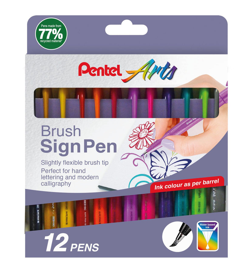 Pentel Arts SES15C Brush Sign Pen Assorted Colours (Wallet of 12